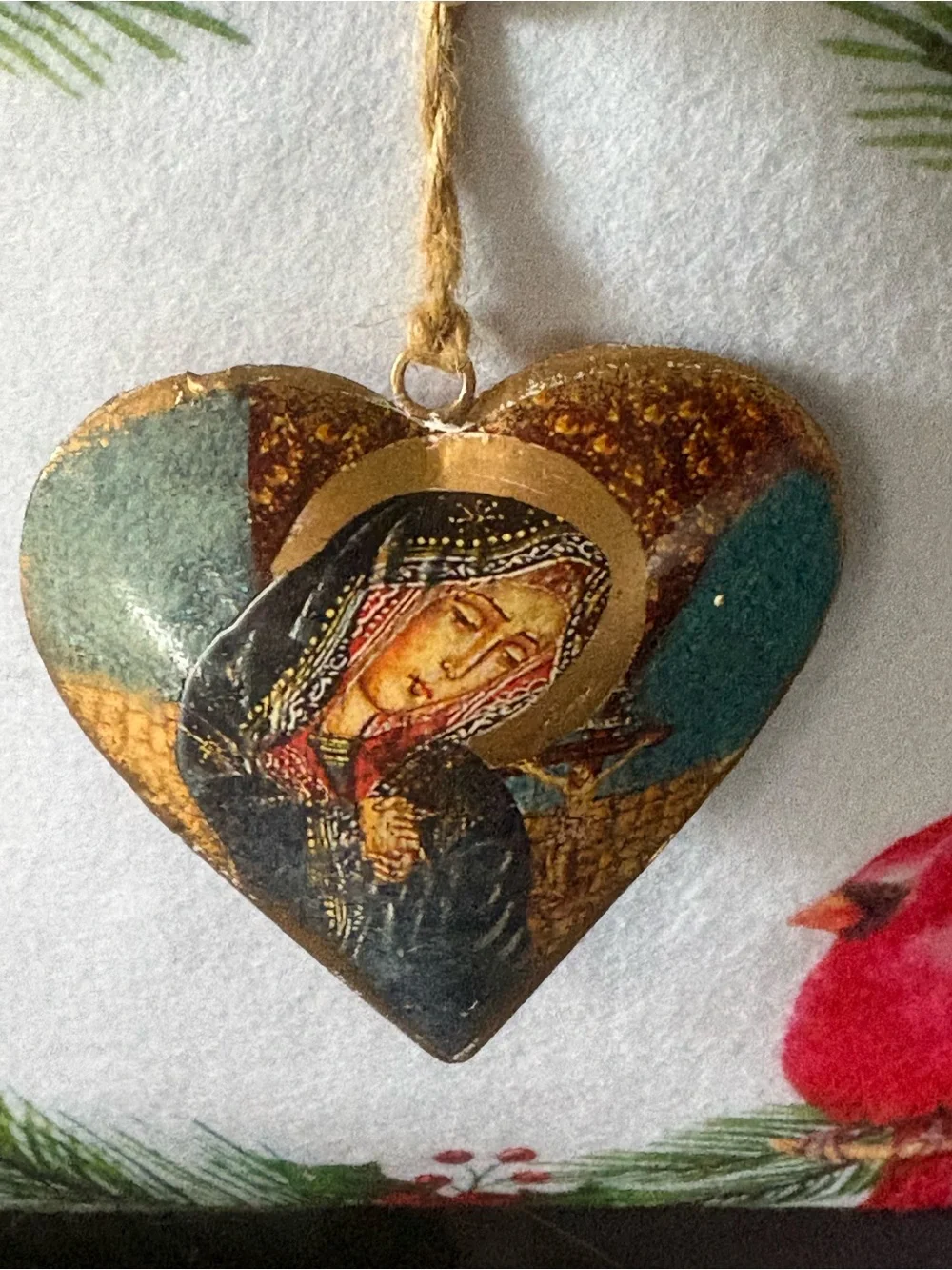 Handcrafted Teal and Gold Heart Holiday Ornament - Religious Icon Design